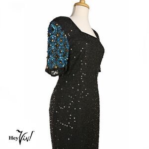 Stenay Beaded Silk Black Turquoise Cocktail Dress Short Sleeve Size P6 - Hey Viv